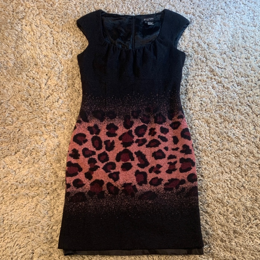 Black wool leopard print winter dress women’s size 6
